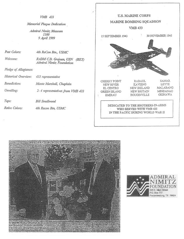 VMB-433 Memorial Plaque: Admiral Nimitz Museum